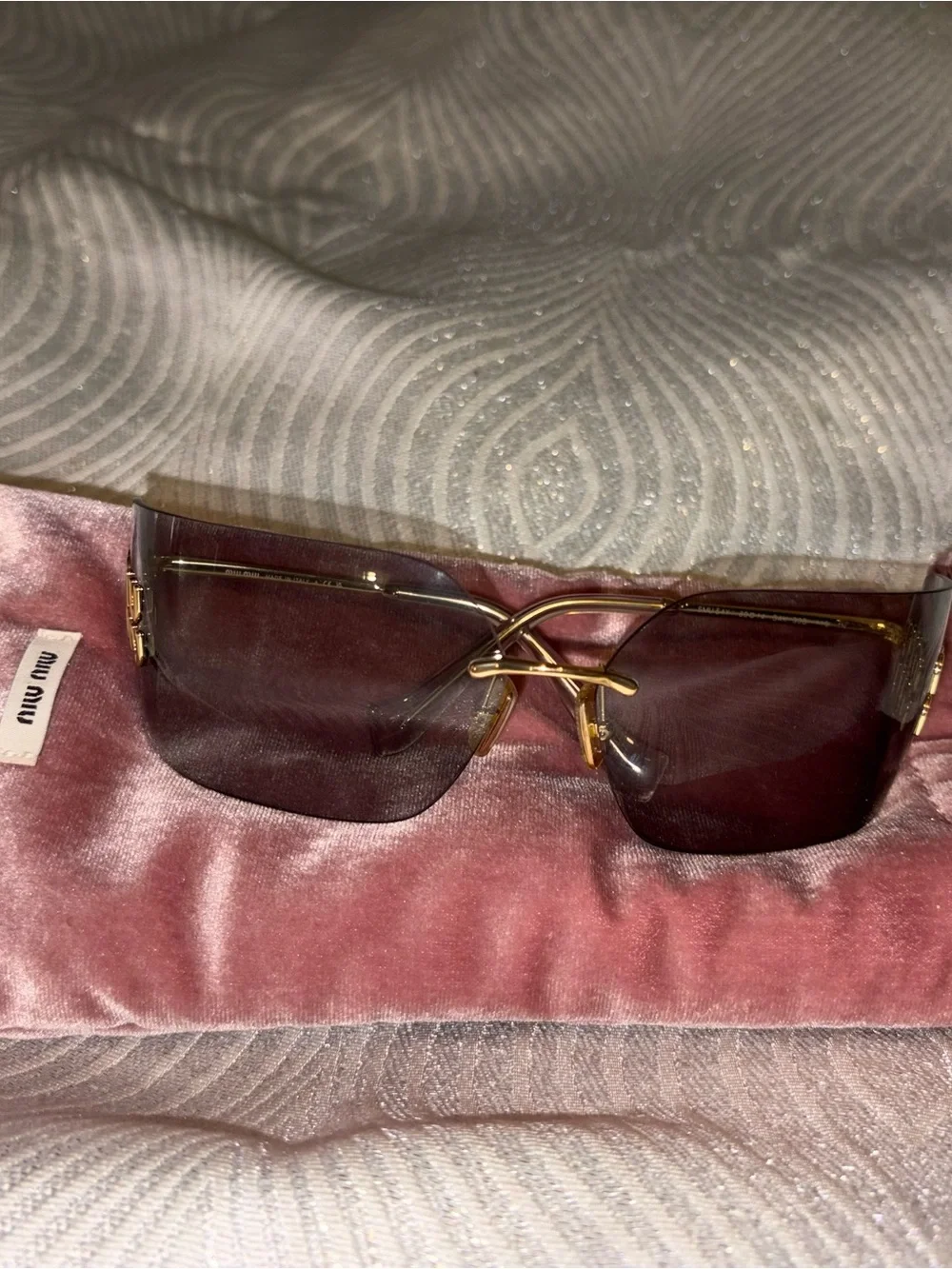 Miu Miu Glitter Rimless Shield Sunglasses - Gray & Gold